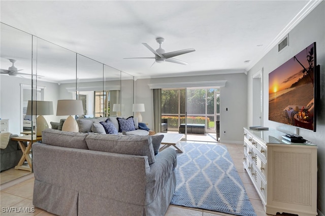 tiled living room featuring ornamental molding and ceiling fan