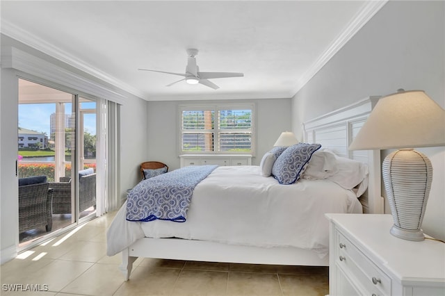 tiled bedroom featuring crown molding, access to exterior, and multiple windows