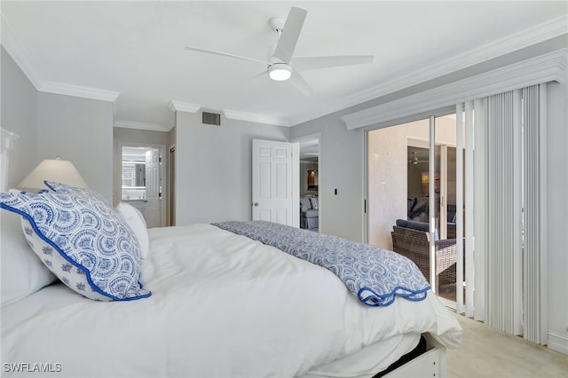 carpeted bedroom with crown molding, access to outside, ensuite bath, and ceiling fan