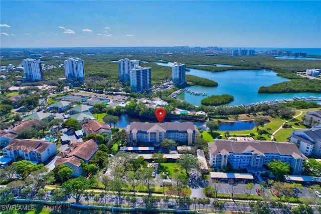 bird's eye view with a water view