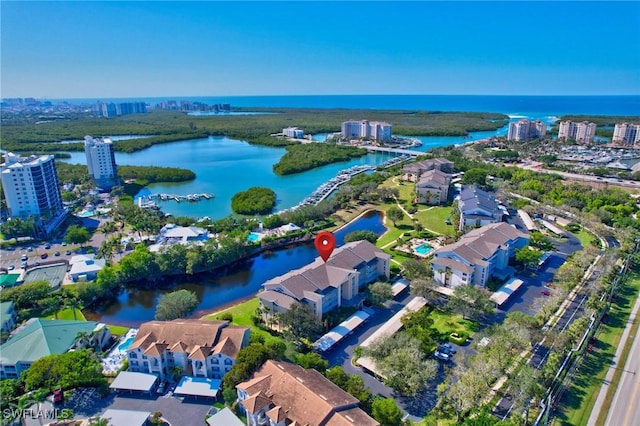 aerial view featuring a water view