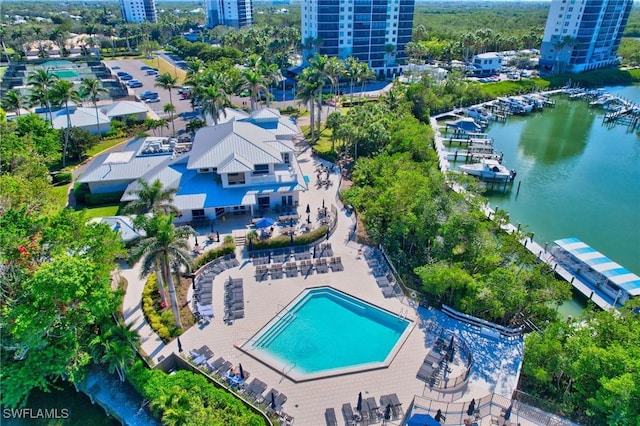 aerial view featuring a water view