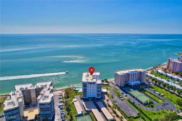 drone / aerial view with a water view