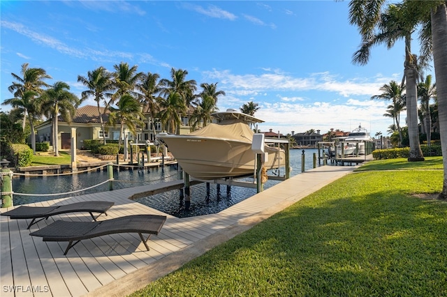 view of dock featuring a water view and a lawn