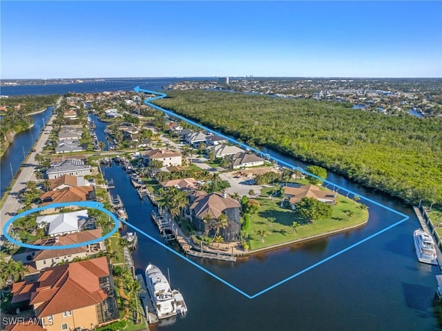 drone / aerial view featuring a water view