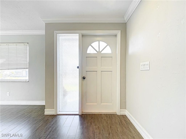 foyer entrance featuring crown molding and dark hardwood / wood-style floors