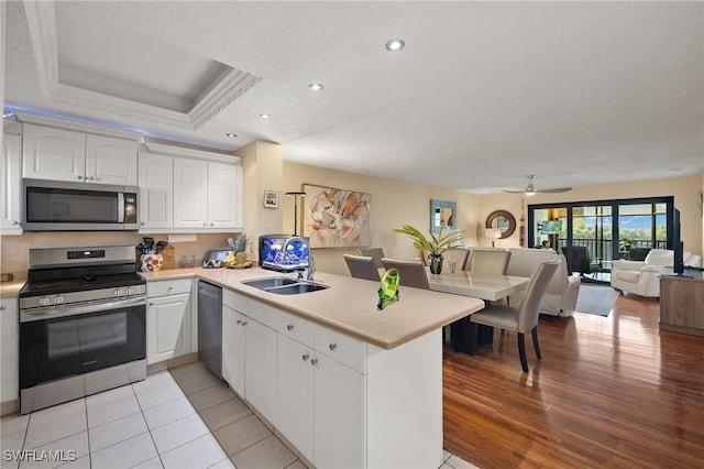 kitchen featuring a raised ceiling, light countertops, appliances with stainless steel finishes, open floor plan, and a peninsula