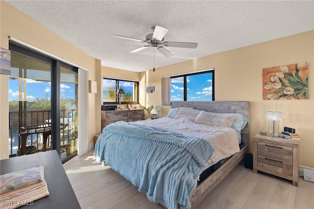 bedroom with access to outside, multiple windows, light wood-style flooring, and a textured ceiling