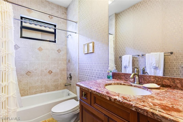 full bathroom with toilet, vanity, and shower / bathtub combination with curtain