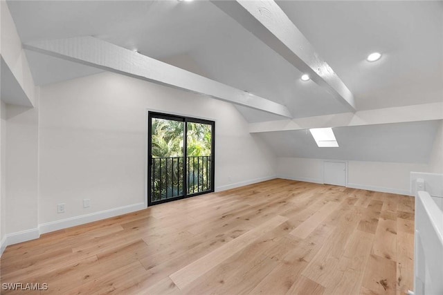 bonus room with lofted ceiling with beams, light wood finished floors, recessed lighting, and baseboards