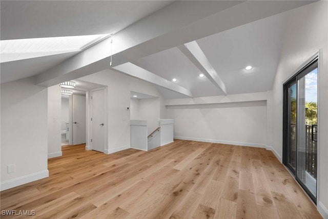 additional living space with light wood finished floors, baseboards, and recessed lighting