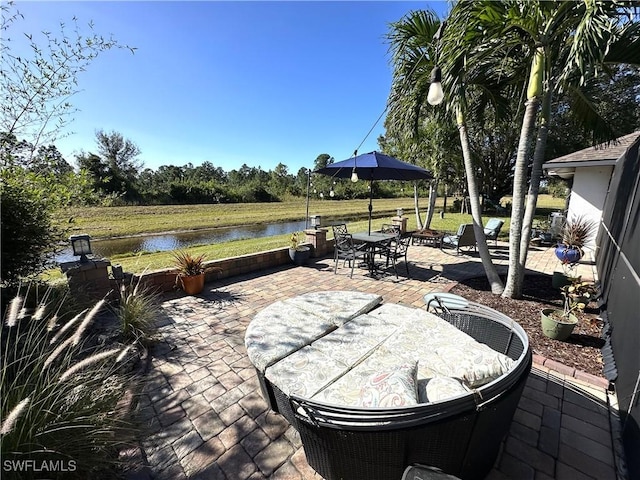 view of patio / terrace featuring a water view