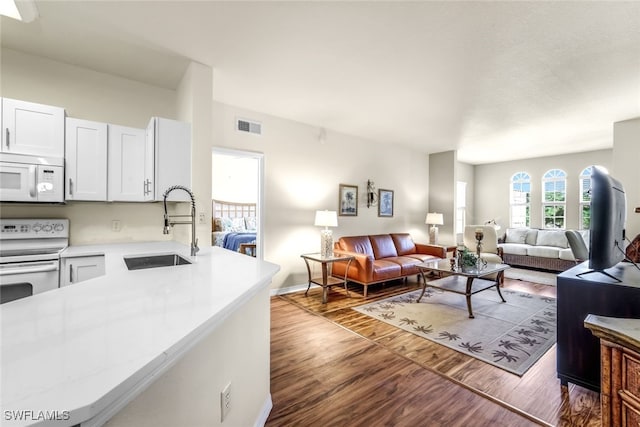 living room featuring sink and dark hardwood / wood-style floors