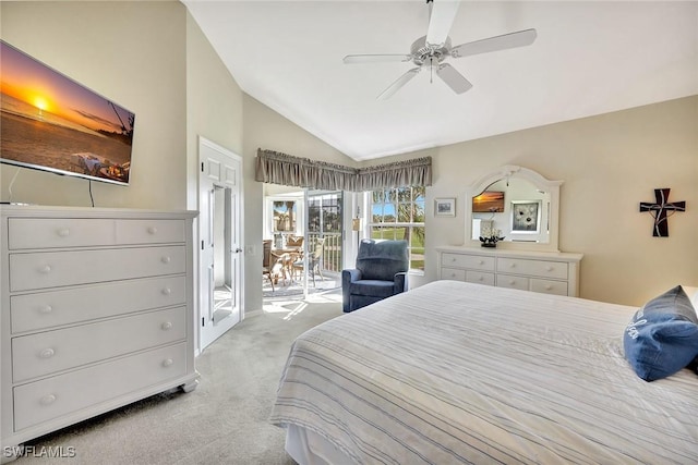 carpeted bedroom featuring lofted ceiling, access to outside, and ceiling fan