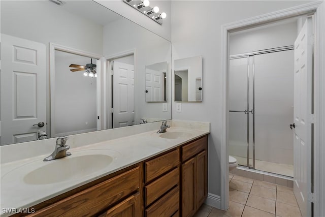 bathroom featuring vanity, an enclosed shower, ceiling fan, toilet, and tile patterned floors