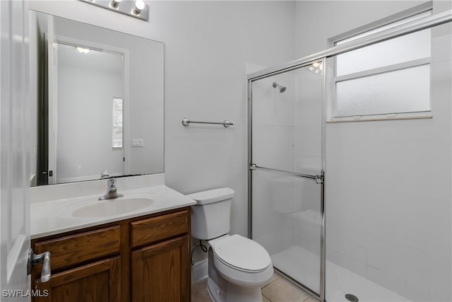 bathroom featuring tile patterned flooring, vanity, an enclosed shower, and toilet