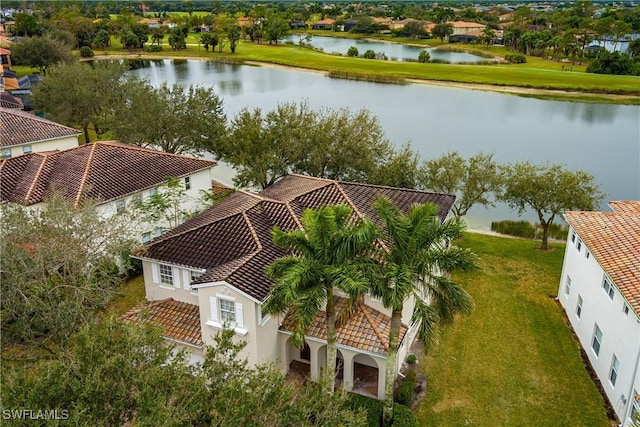 aerial view featuring a water view