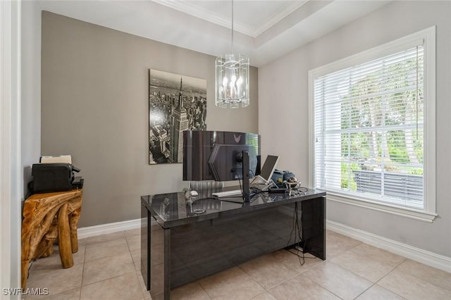 850 25th St SW, Naples, FL 34117 - tiled office space with a chandelier, baseboards, crown molding, and a raised ceiling