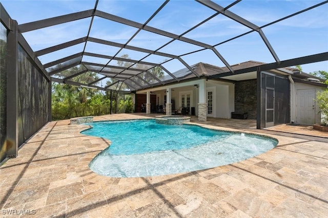850 25th St SW, Naples, FL 34117 - view of swimming pool featuring a pool with connected hot tub, a patio area, a ceiling fan, and glass enclosure