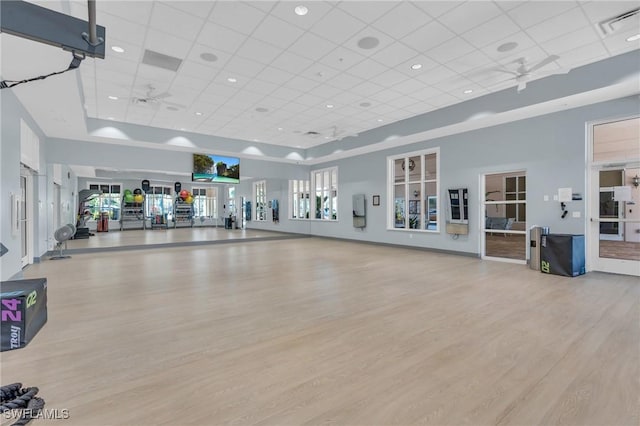 exercise room with a drop ceiling, a wealth of natural light, light hardwood / wood-style flooring, and ceiling fan