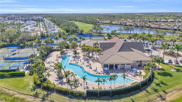 bird's eye view with a water view