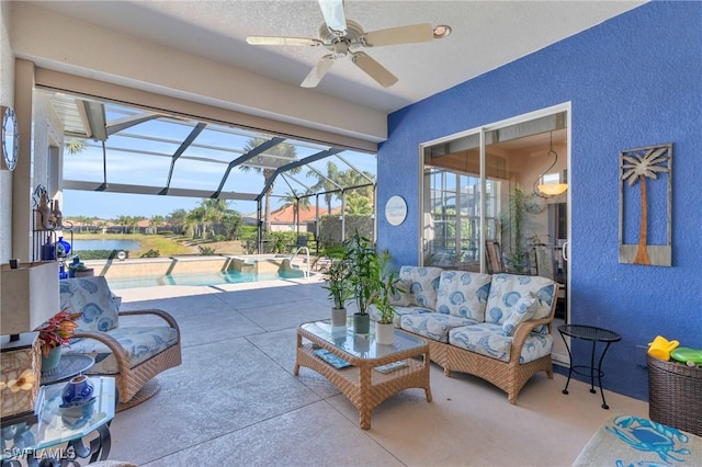 view of patio / terrace featuring an outdoor hangout area and glass enclosure