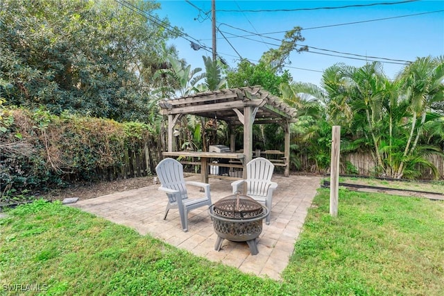 view of patio / terrace featuring a pergola and a fire pit