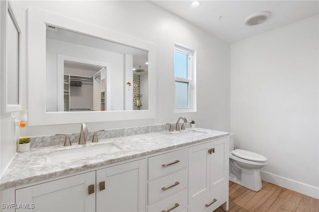 bathroom with vanity, wood-type flooring, and toilet