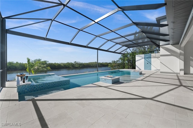 view of swimming pool featuring a water view, a patio, an in ground hot tub, and glass enclosure