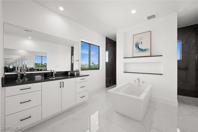 bathroom featuring vanity, separate shower and tub, and a wealth of natural light