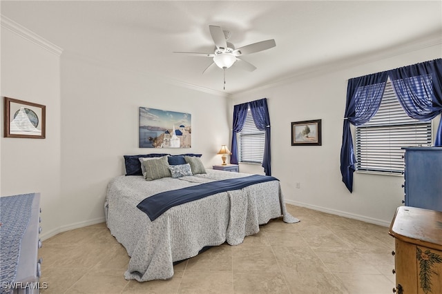 bedroom with crown molding, light tile patterned floors, and ceiling fan