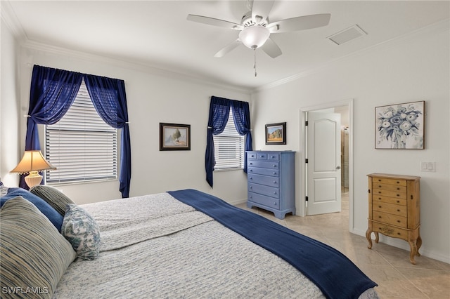 bedroom with ornamental molding, light tile patterned flooring, and ceiling fan