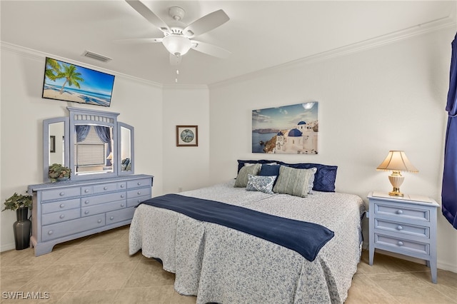 bedroom featuring ornamental molding, light tile patterned floors, and ceiling fan