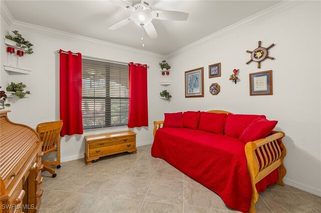 tiled bedroom with crown molding and ceiling fan