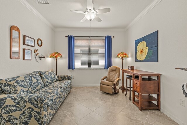 tiled living room with ornamental molding and ceiling fan