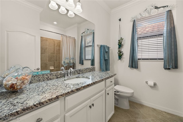 bathroom featuring tile patterned floors, toilet, crown molding, vanity, and a shower with shower curtain