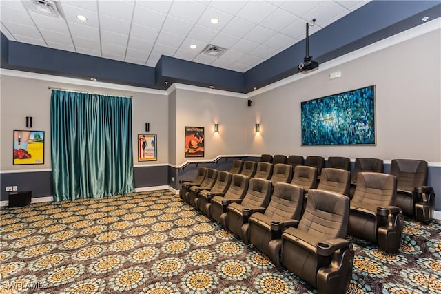 carpeted cinema room featuring a tray ceiling