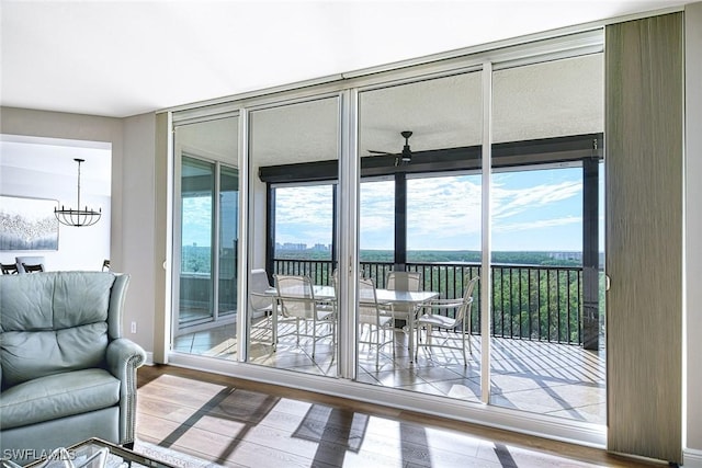 doorway to outside with hardwood / wood-style flooring, expansive windows, and ceiling fan with notable chandelier