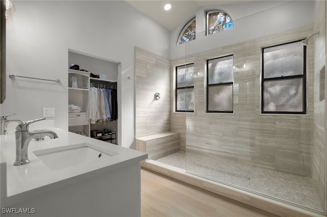 bathroom featuring vanity and tiled shower