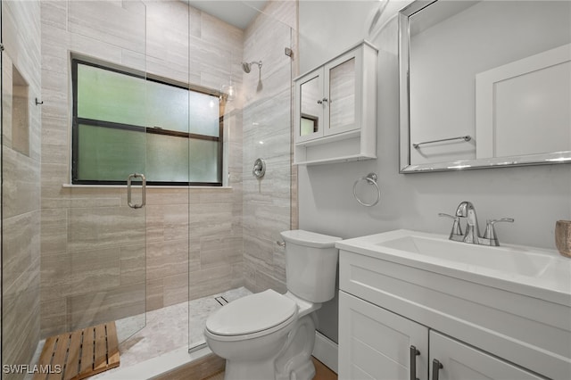 bathroom with walk in shower, vanity, and toilet