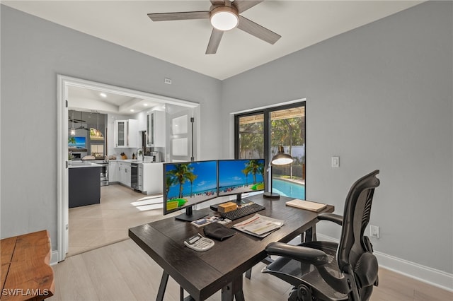 home office featuring ceiling fan and light hardwood / wood-style floors