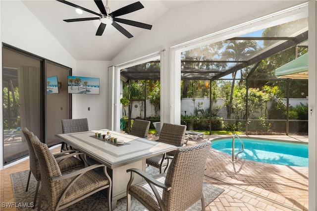 exterior space with ceiling fan, a lanai, and a patio area