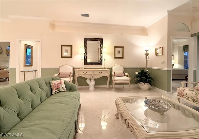 tiled living room featuring ornamental molding