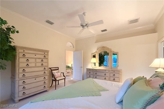 bedroom featuring crown molding and ceiling fan