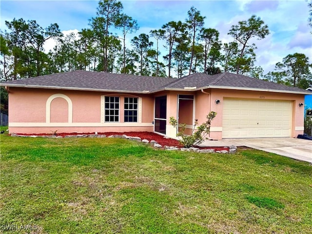 ranch-style home featuring a garage and a front lawn