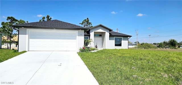 ranch-style home with stucco siding, concrete driveway, a garage, and a front yard