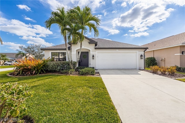 view of front of property with a garage and a front lawn