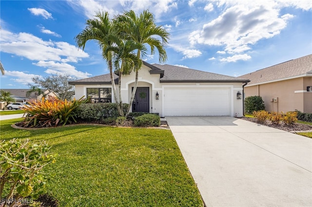 13404 Bristol Park Way, Fort Myers, FL 33913 - view of front of house with stucco siding, a garage, a front lawn, and concrete driveway