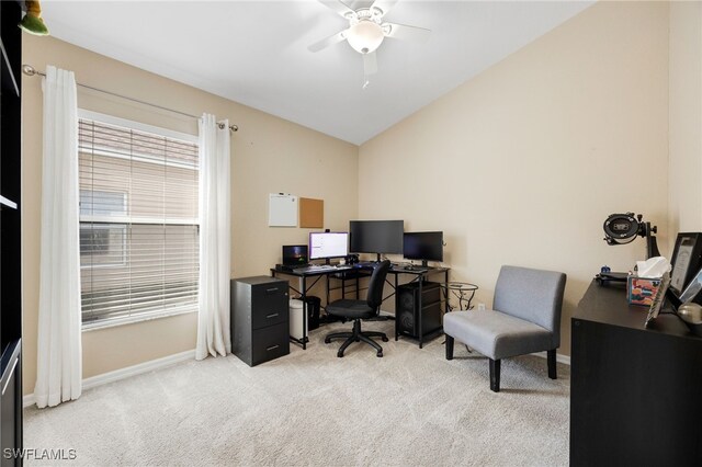 13404 Bristol Park Way, Fort Myers, FL 33913 - office space with a ceiling fan, light colored carpet, vaulted ceiling, and baseboards
