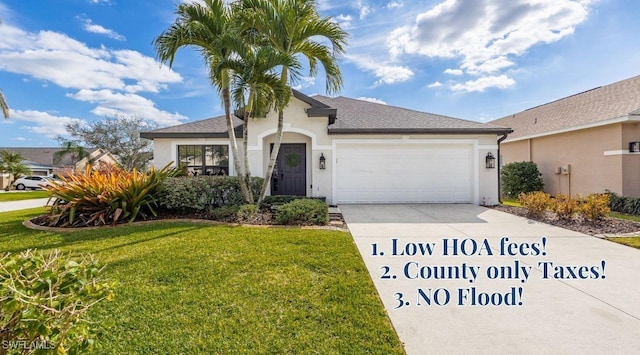 13404 Bristol Park Way, Fort Myers, FL 33913 - view of front of house featuring a garage, a front yard, stucco siding, and driveway